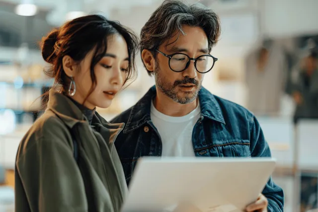Colleagues review a digital design project on laptops in a modern office hallway