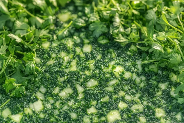 Chopped green seaweed flakes scattered on textured green surface in natural daylight