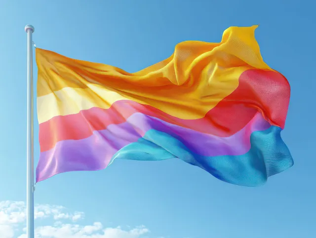 An intersex-inclusive pride progress flag waves from a street pole under a clear blue sky.