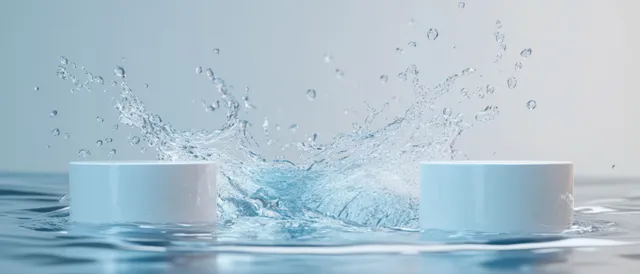 Two white round containers partially submerged in clear blue water with droplets splashing mid-air.