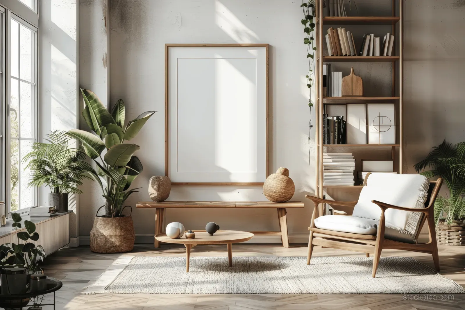 Bright Scandinavian living room with wooden shelves, an armchair, coffee table, plants, and a framed poster.