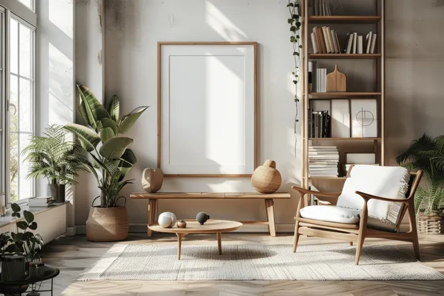 Bright Scandinavian living room with wooden shelves, an armchair, coffee table, plants, and a framed poster.