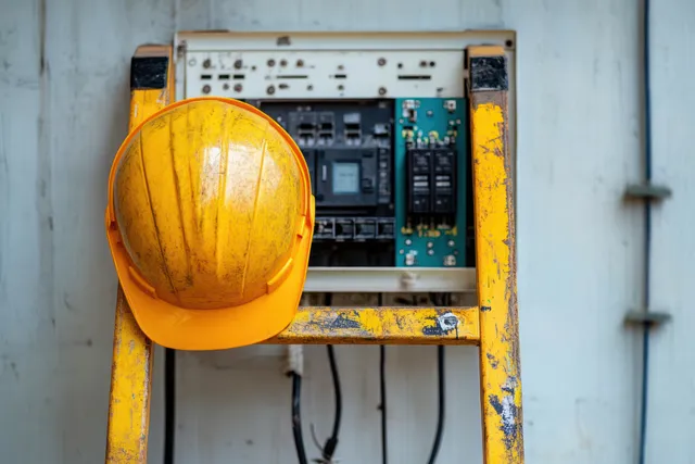 Yellow safety helmet hangs from a worn ladder beside an open electrical panel with circuit boards and wires.