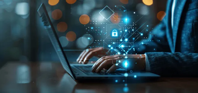 A businessman types on a laptop with glowing encryption and lock icons suggesting secure online transaction protection.