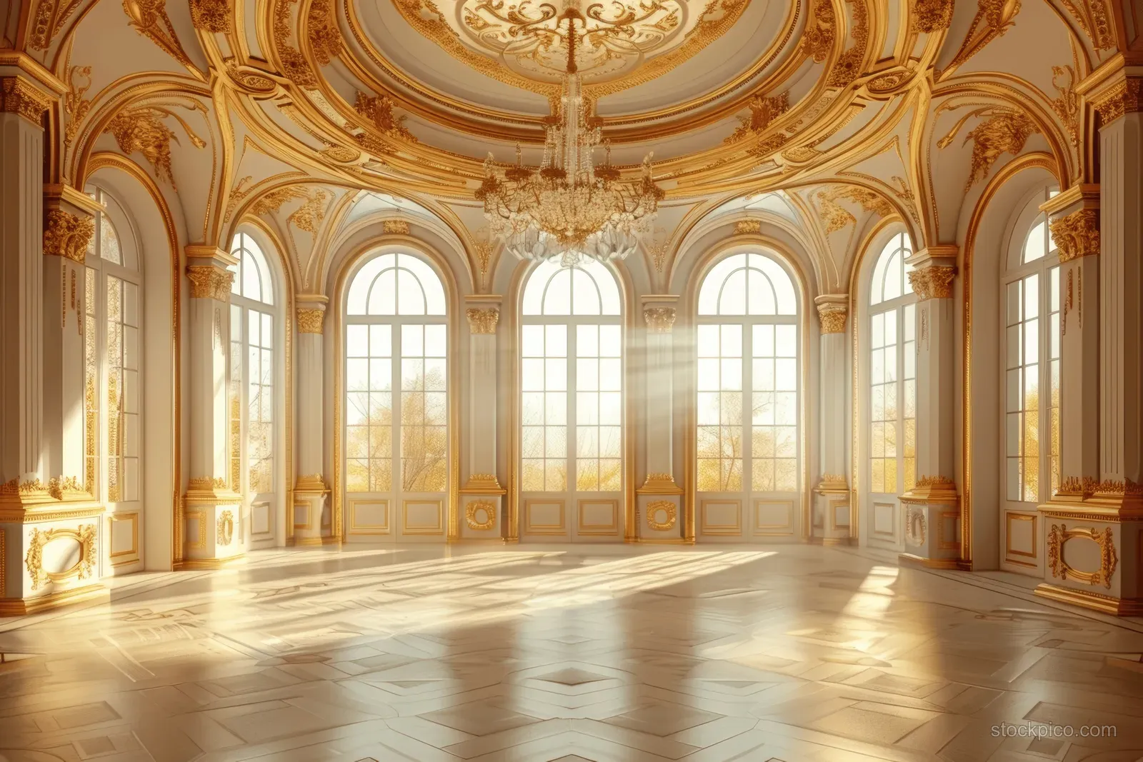An empty ballroom interior with chandelier light, gold-trim arches, and sunlight shadows across a polished floor.