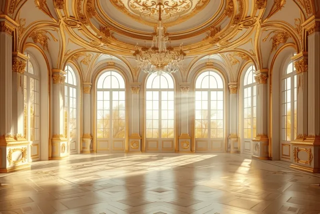 Sunlit empty ballroom with ornate chandelier, gold trim arches, and floor sunlight shadows