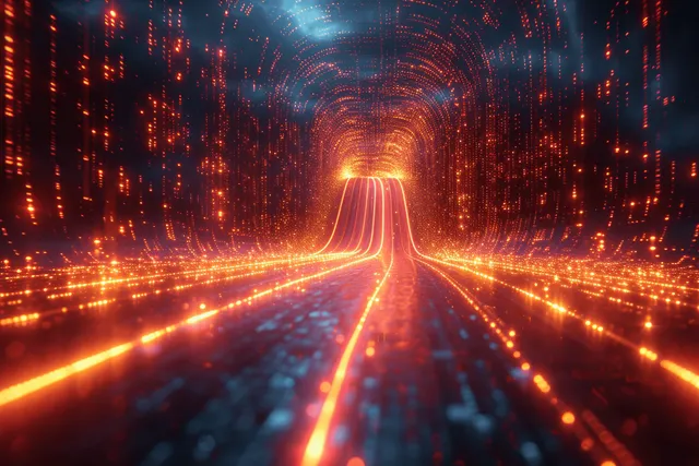 Neon highway tunnel of glowing lines with speed rays and digital city lights