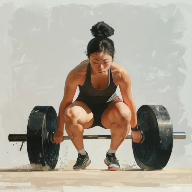 Chinese female weightlifter completes a heavy 87 kg barbell deadlift in a gym