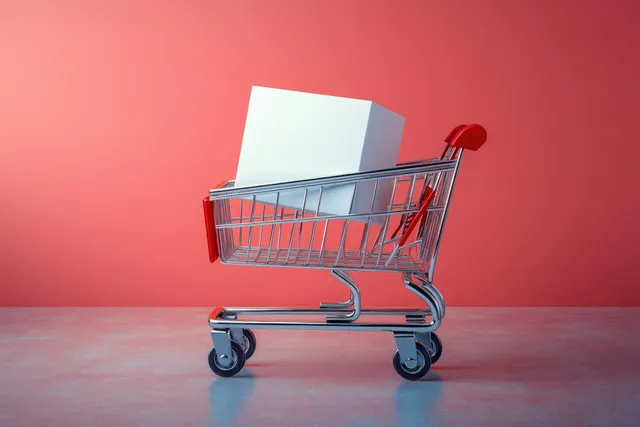 A small empty shopping cart with red accents holds a plain white cardboard box on a pastel pink background.