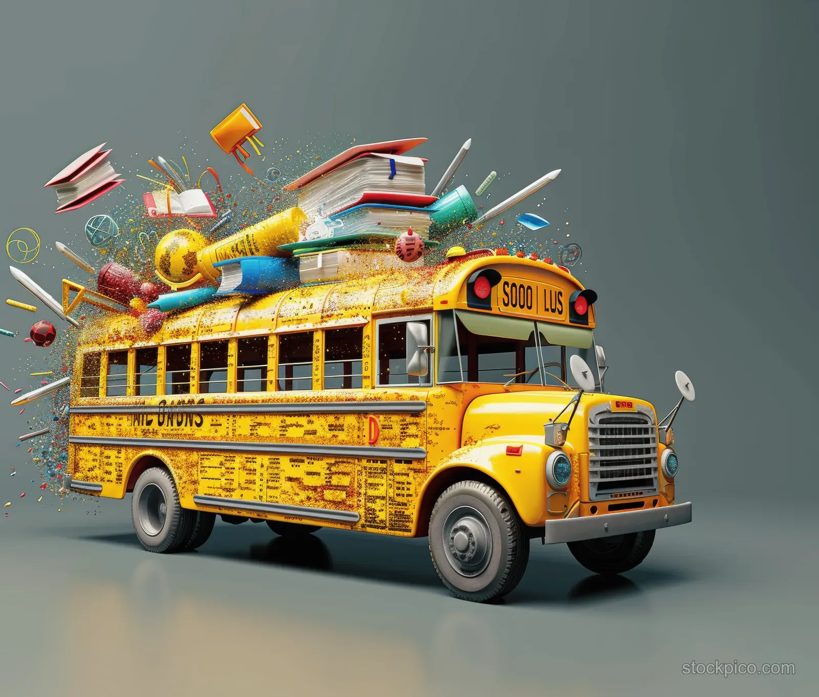 Yellow school bus with flying books and stationery supplies on a turquoise blue background.
