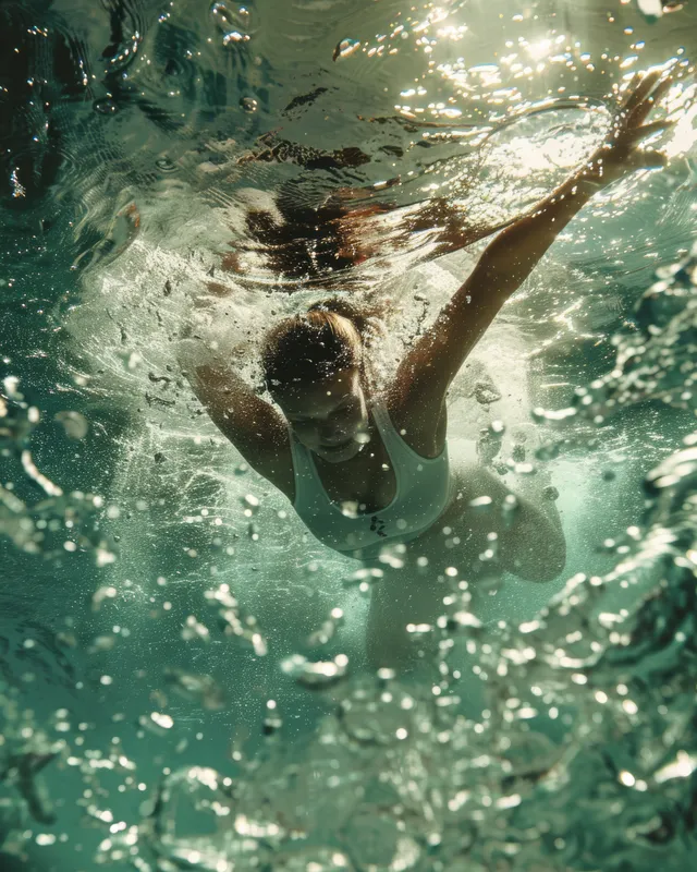 British female triathlete dives into clear open water, arms extended and bubbles swirling around her.
