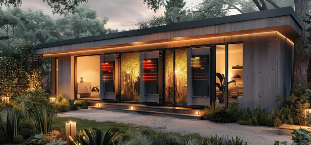 Wall-mounted home battery storage unit with glowing indicators next to a warmly lit house entrance at dusk.