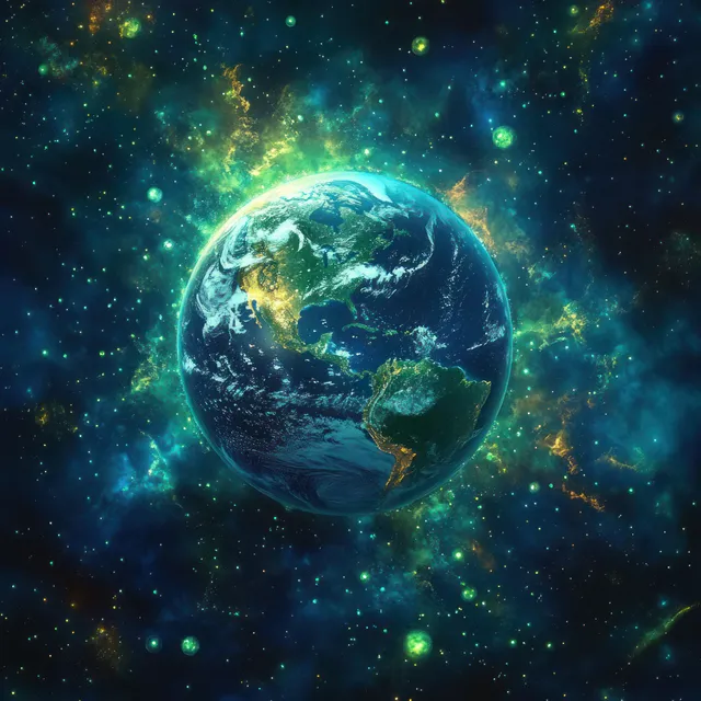 Glowing Earth from space surrounded by colorful nebula clouds and bright star field