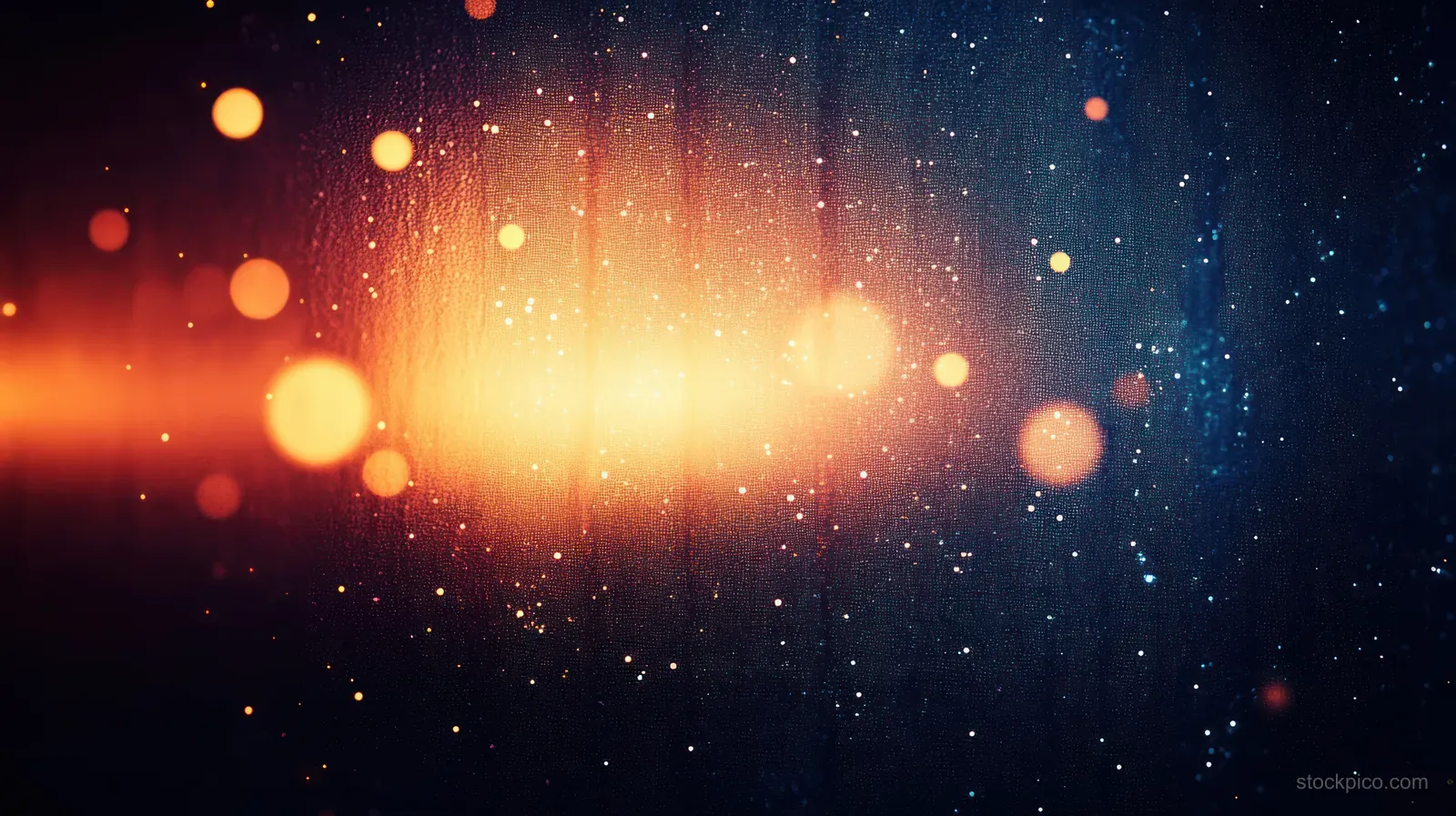 Blue and orange abstract gradient background with glowing bokeh lights and visible textured grain.