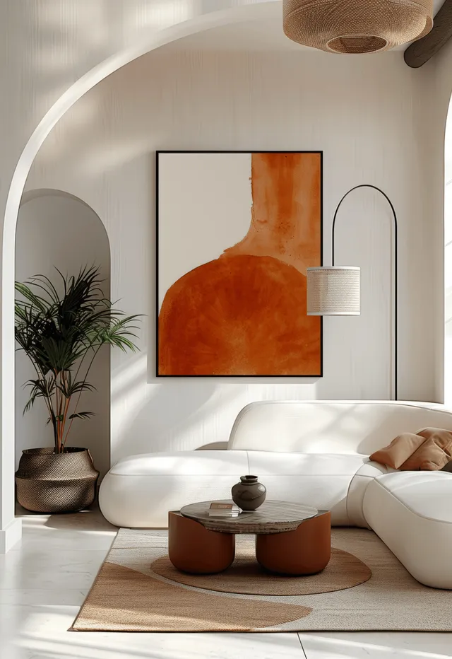 White sofa and round coffee table in a minimalist living room with terracotta wall art, terrazzo floor, and soft arch lighting.