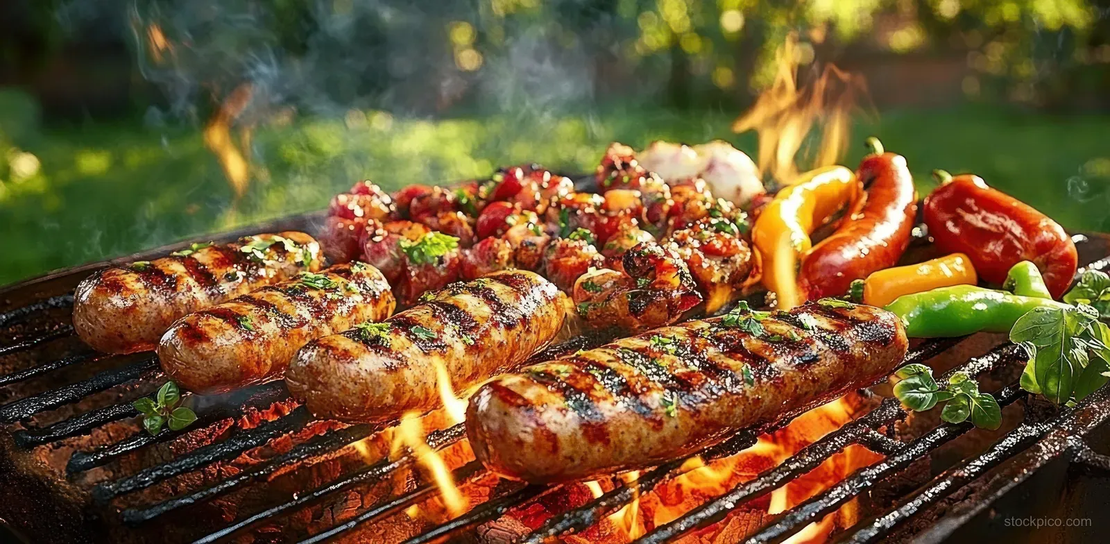 Sausages, meat skewers, and chili peppers sizzle on a barbecue grill with flames and smoke outdoors.