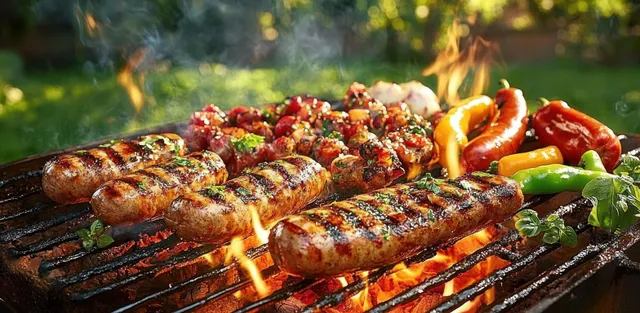 Sausages, meat skewers, and chili peppers sizzle on a barbecue grill with flames and smoke outdoors.