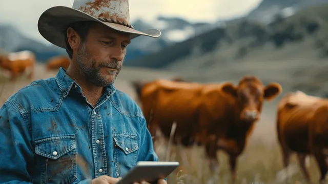 A denim-hatted farmer looks at a tablet while cows graze in a meadow with mountains in the distance.