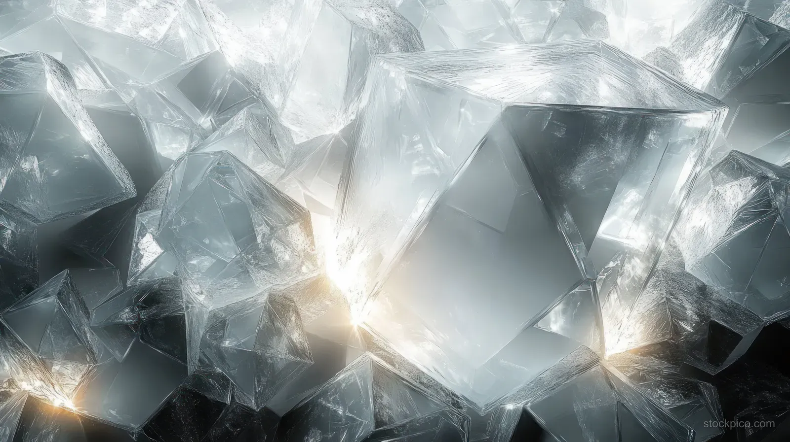 Faceted translucent ice-like crystal shards with glowing soft white and golden reflections fill the frame.