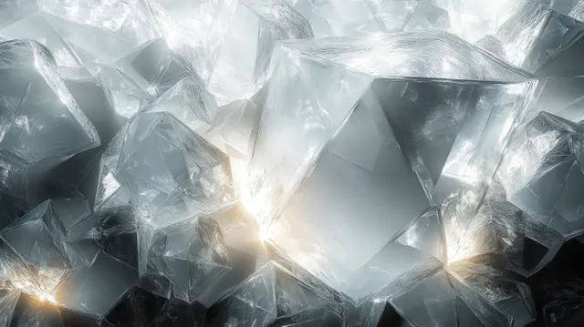 Faceted translucent ice-like crystal shards with glowing soft white and golden reflections fill the frame.