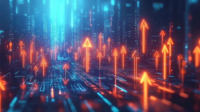 Cyber City Skyline with glowing growth arrows over digital data charts