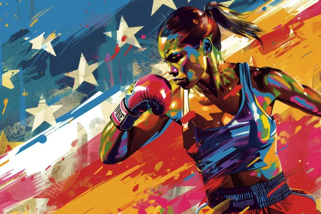 Female boxer in colorful motion, throwing a punch against a star-spangled banner backdrop.