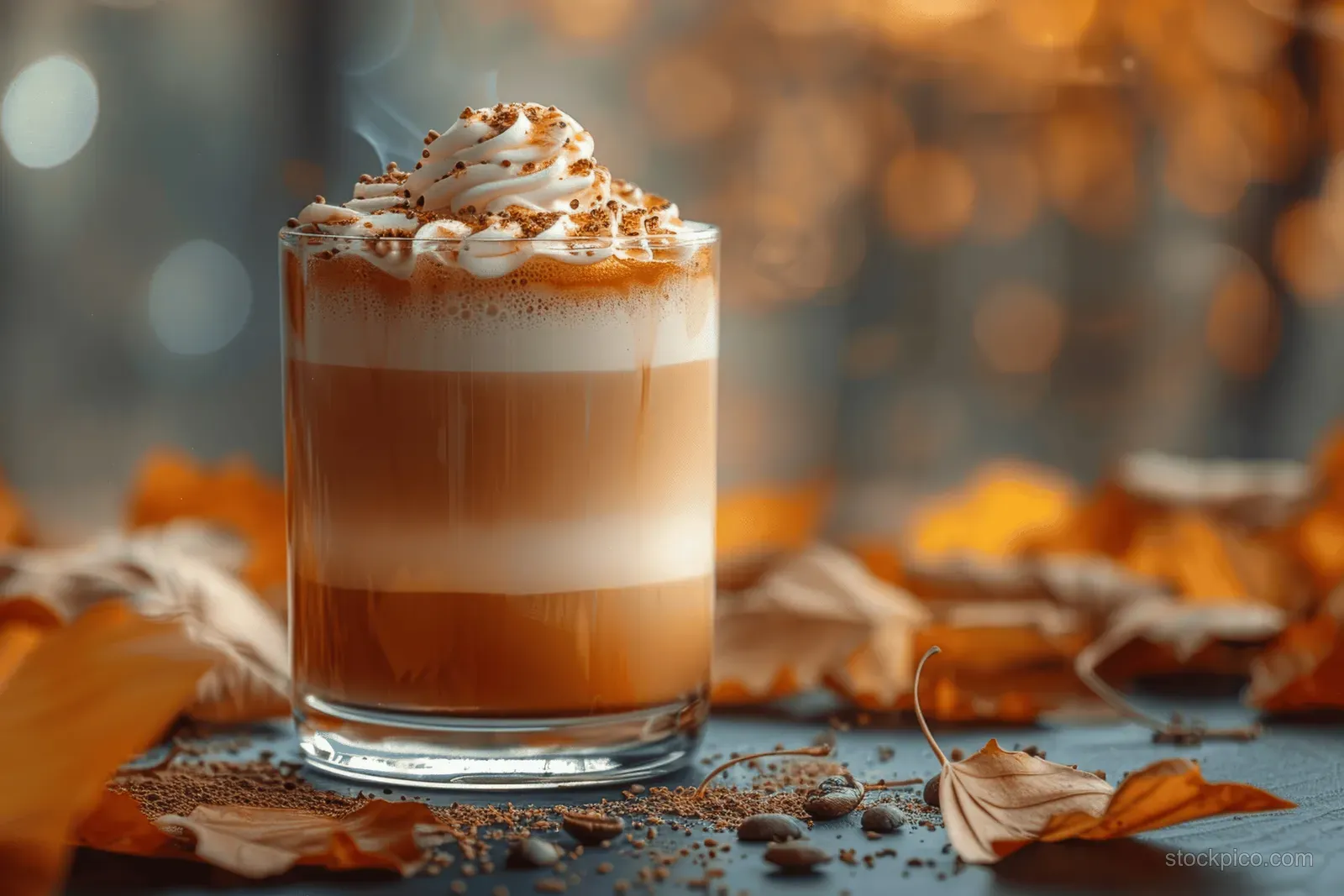 Layered iced pumpkin cream latte in a clear glass with caramel tones and scattered autumn leaves on a table.