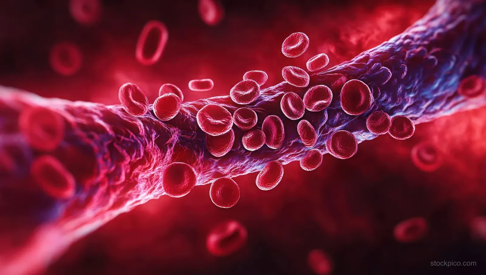 Red blood cells cluster around a clot blocking a blood vessel.