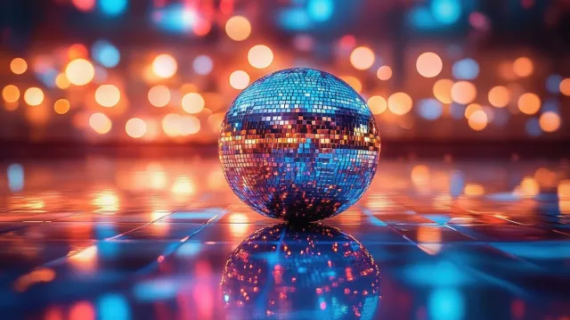 A shiny disco ball reflects blue and orange lights across a glossy tiled floor with blurred bokeh in the background.