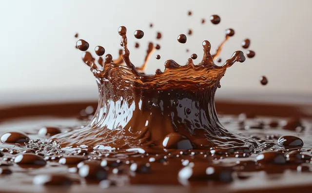 Salpicadura de chocolate oscuro que estalla hacia arriba con gotas y ondulaciones sobre un charco poco profundo en un fondo blanco.