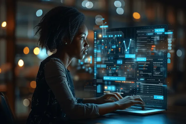Mujer de negocios trabajando en una laptop con una interfaz de lista de verificación electrónica mostrada en una pantalla virtual brillante.