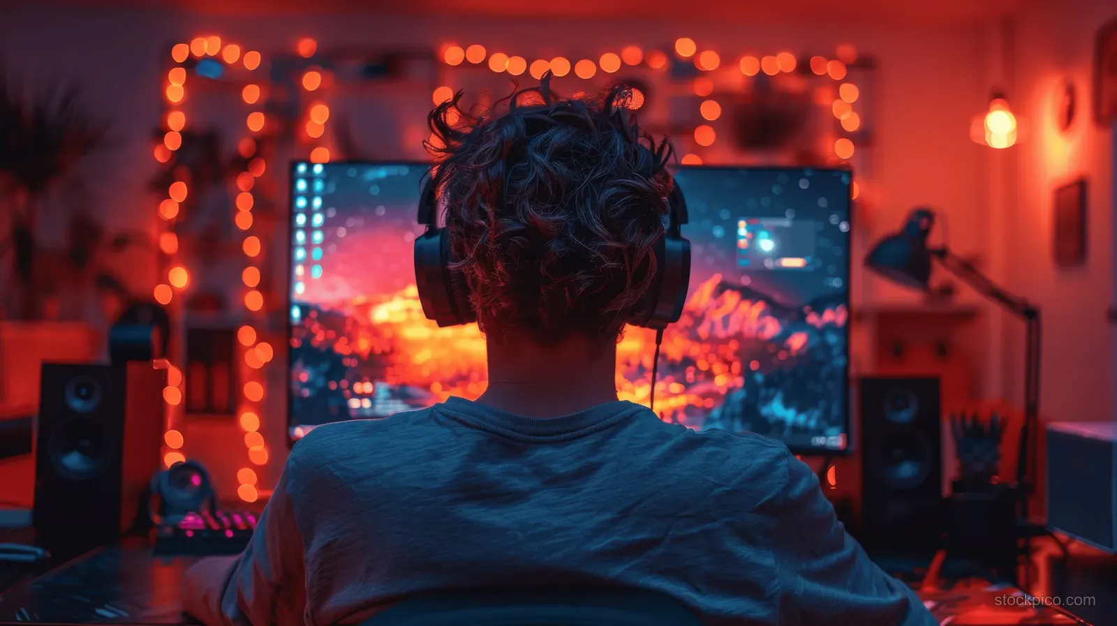 Back view of a gamer wearing headphones playing PC games at a desk with RGB lights and a large monitor at night.