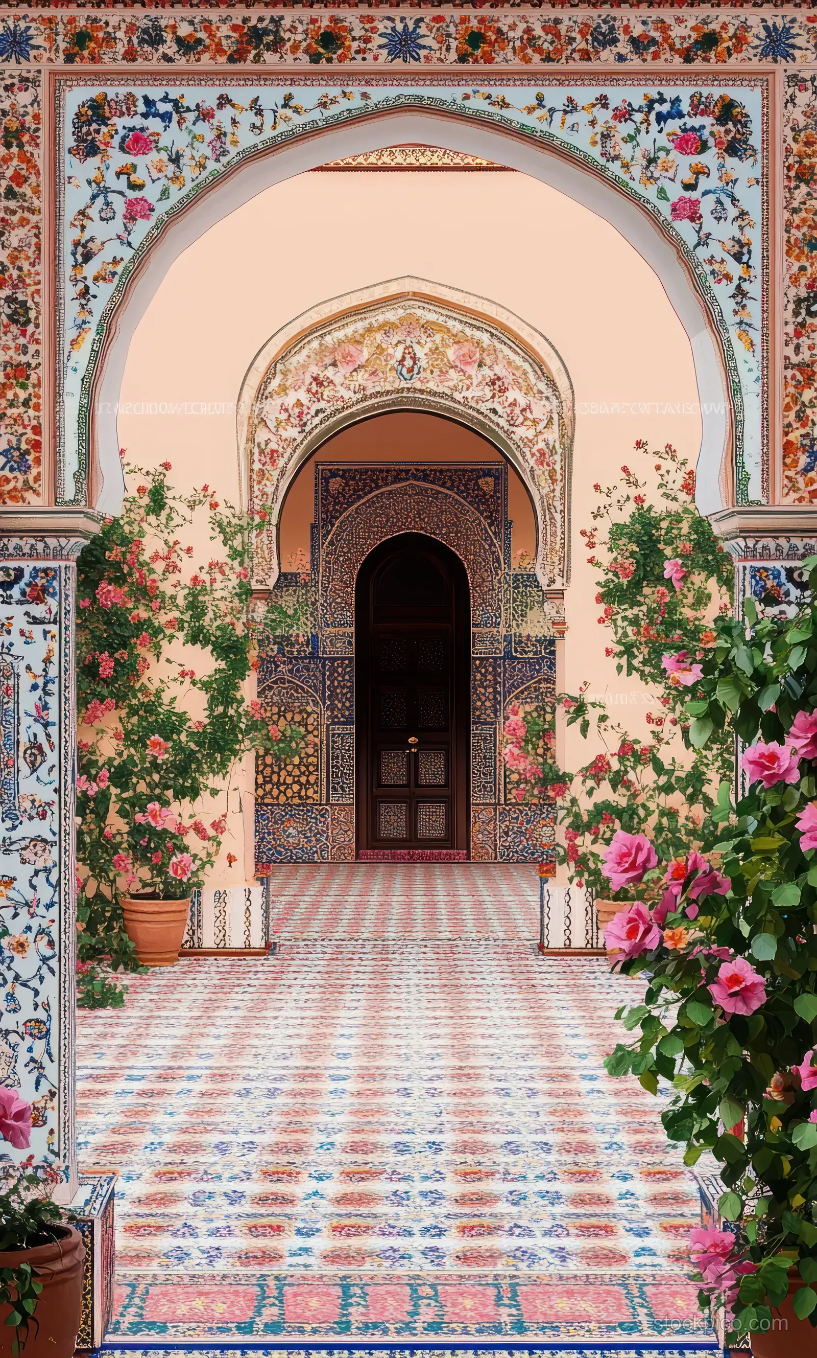 Moroccan courtyard walkway leading to an ornate arched doorway, lined with flowers and patterned tiles in warm light.