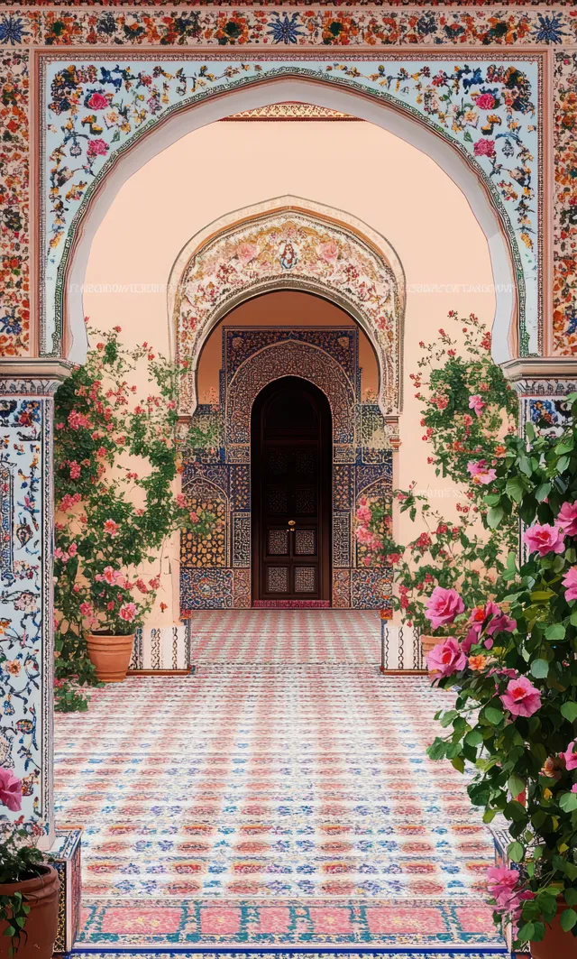 Moroccan courtyard entrance with floral archway, tiled walkway, and warm natural light