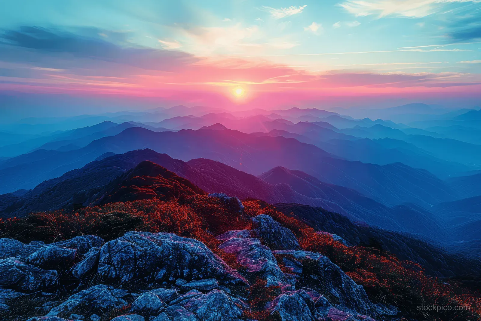 Sunset sun glows behind layered mountain ridges with pink and blue clouds over a misty countryside horizon.