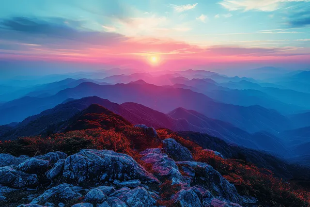 Vibrant sunset over mountain ridges with glowing sun rays and layered blue haze