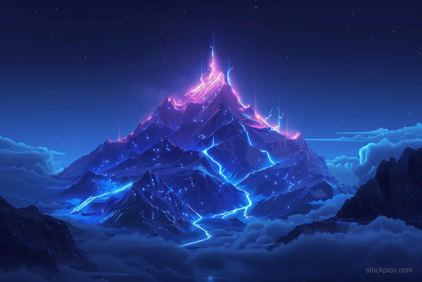 A glowing mountain peak with lightning and a winding path rising through clouds.