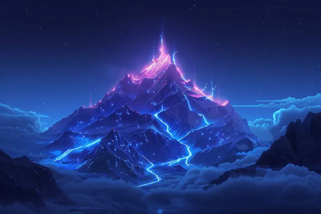 A glowing mountain peak with lightning and a winding path rising through clouds.