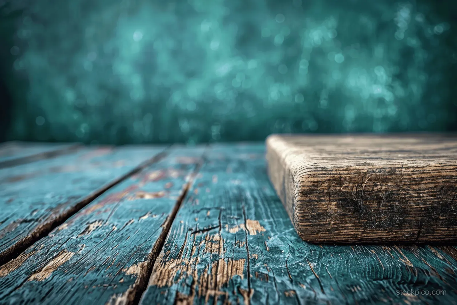 Green chalkboard-like slate with chalk dust texture and empty writing area beside stacked books on a worn wooden table.