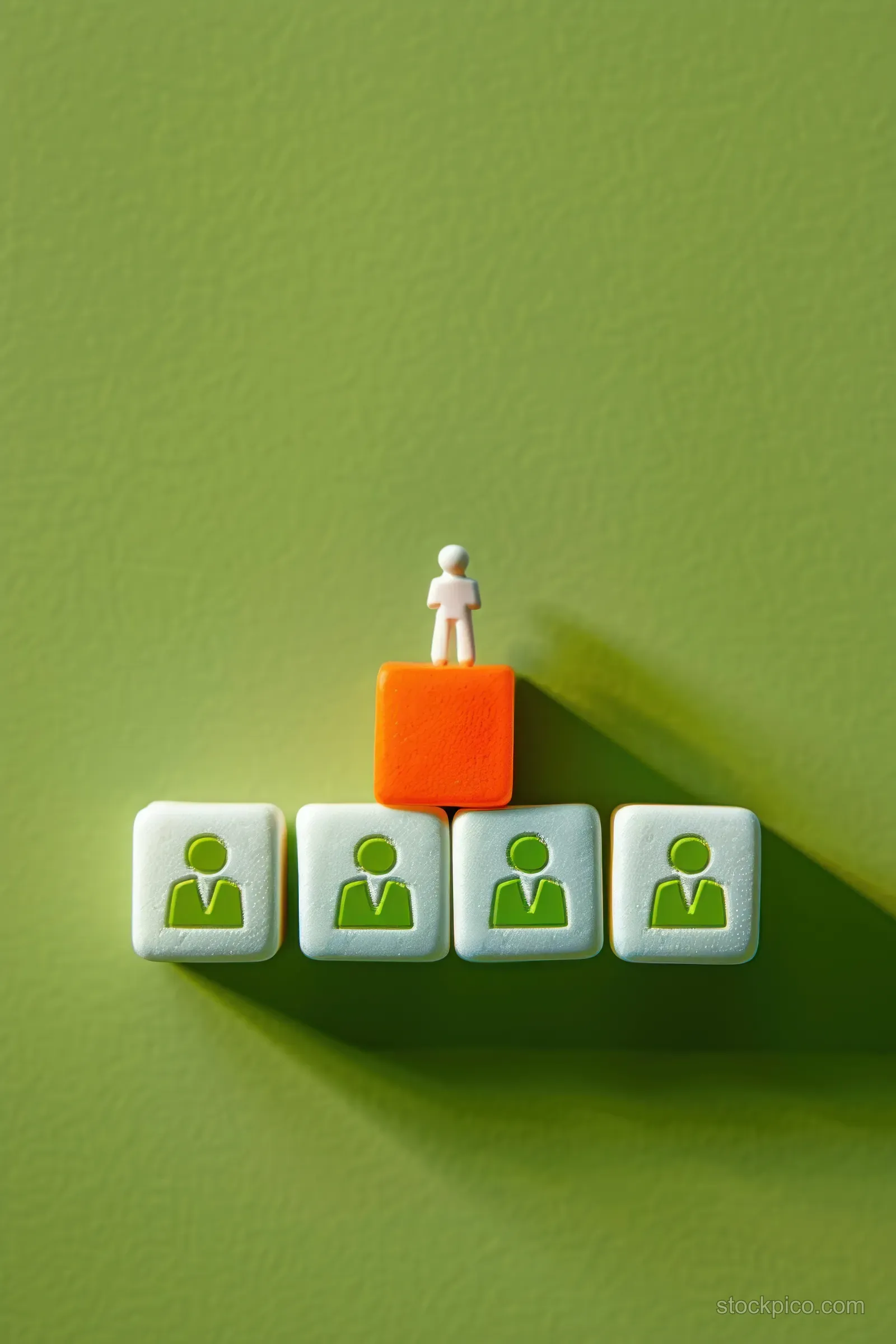 A white leader figure stands on an orange block above four blocks with green person icons on a green background.