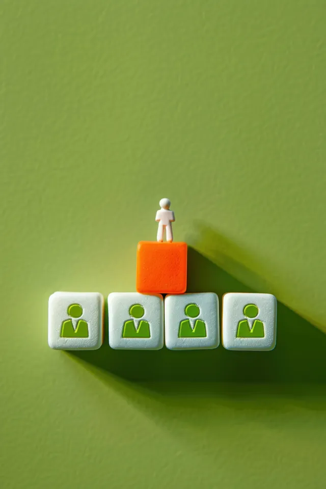 A white leader figure stands on an orange block above four blocks with green person icons on a green background.