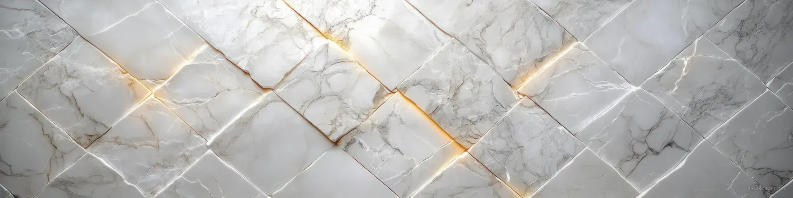 Close-up of a polished marble wall with white and grey veining and thin warm light reflections.