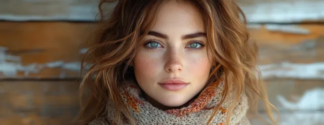 A middle-aged woman in a textured scarf looks thoughtfully outdoors with warm autumn light and a rustic background.