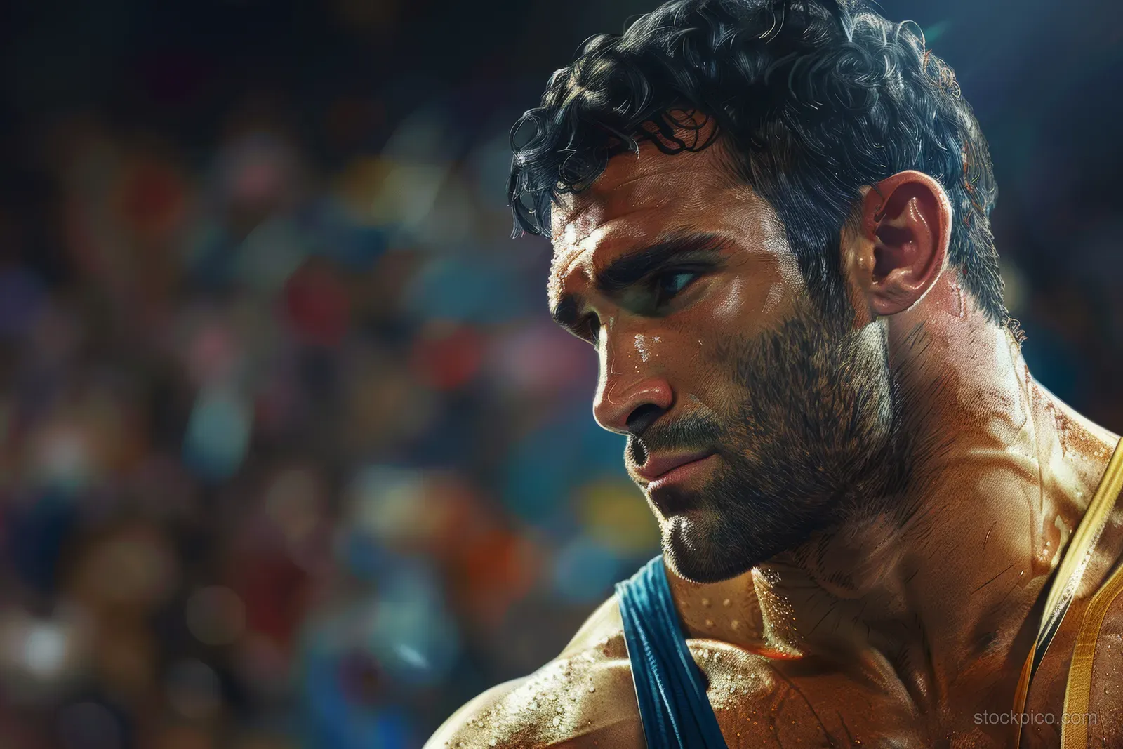 Greco-Roman wrestler pulls in a fierce clinch during a crowded arena match.