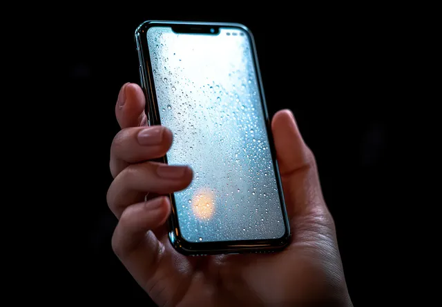 Hand holding a smartphone with water droplets beading on a dark wet screen