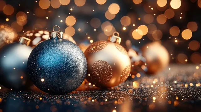 Blue and gold Christmas ornaments sparkle on a glittery surface with warm blurred bokeh lights in the background.