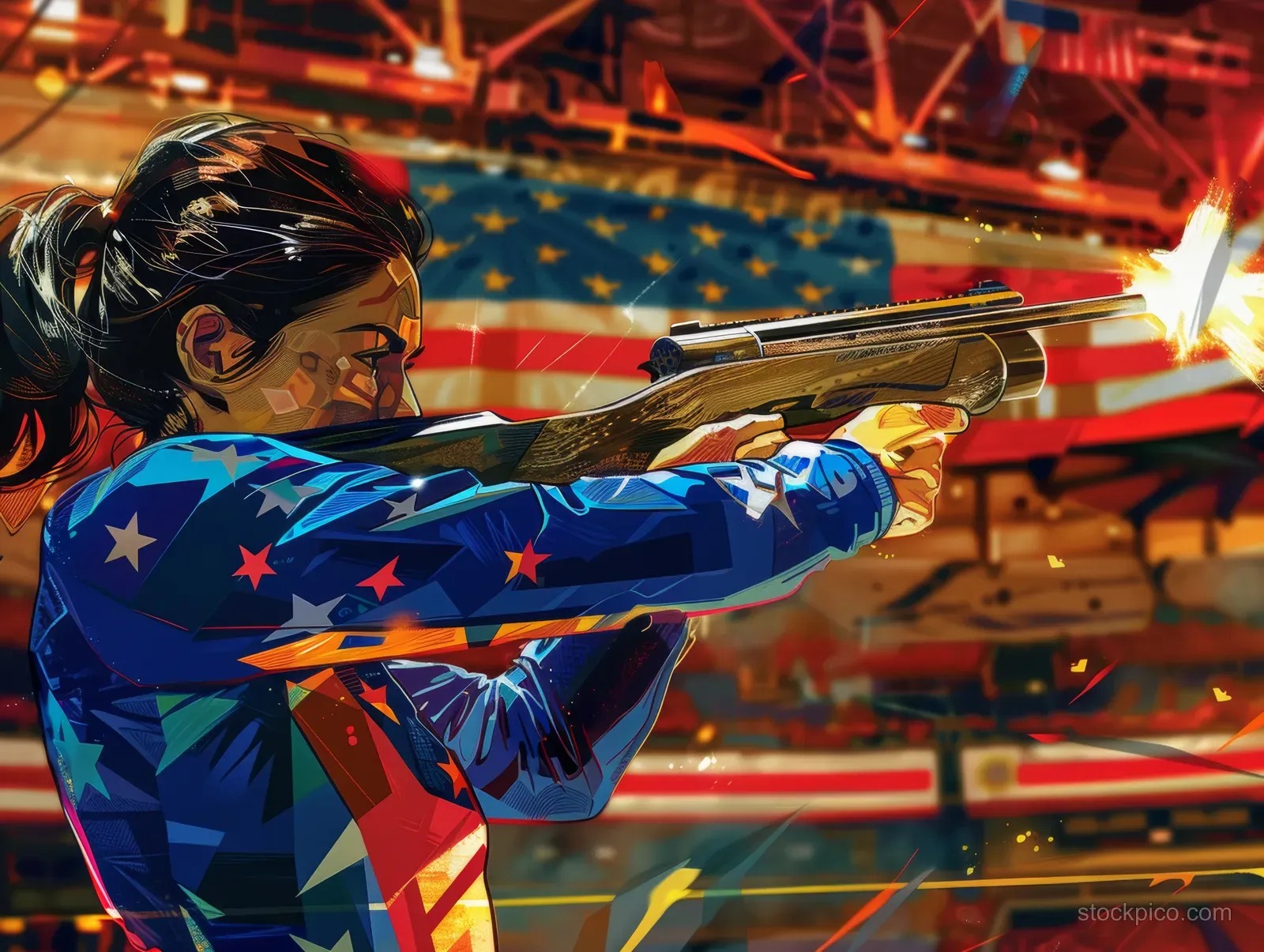 American pistol shooter in a star-pattern jacket fires at a 50m target on a crowded shooting range.