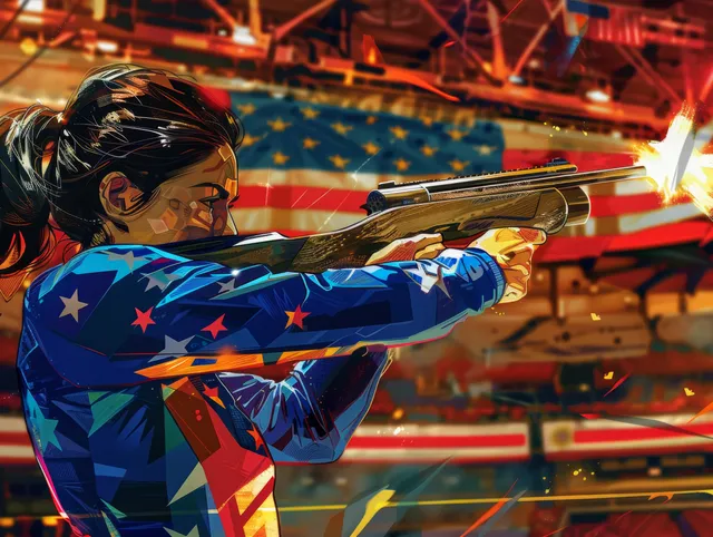 American pistol shooter aims at the 50m range target during a tense competition