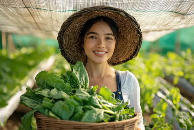 Smiling woman harvesting leafy greens in a greenhouse while carrying a basket of fresh vegetables.