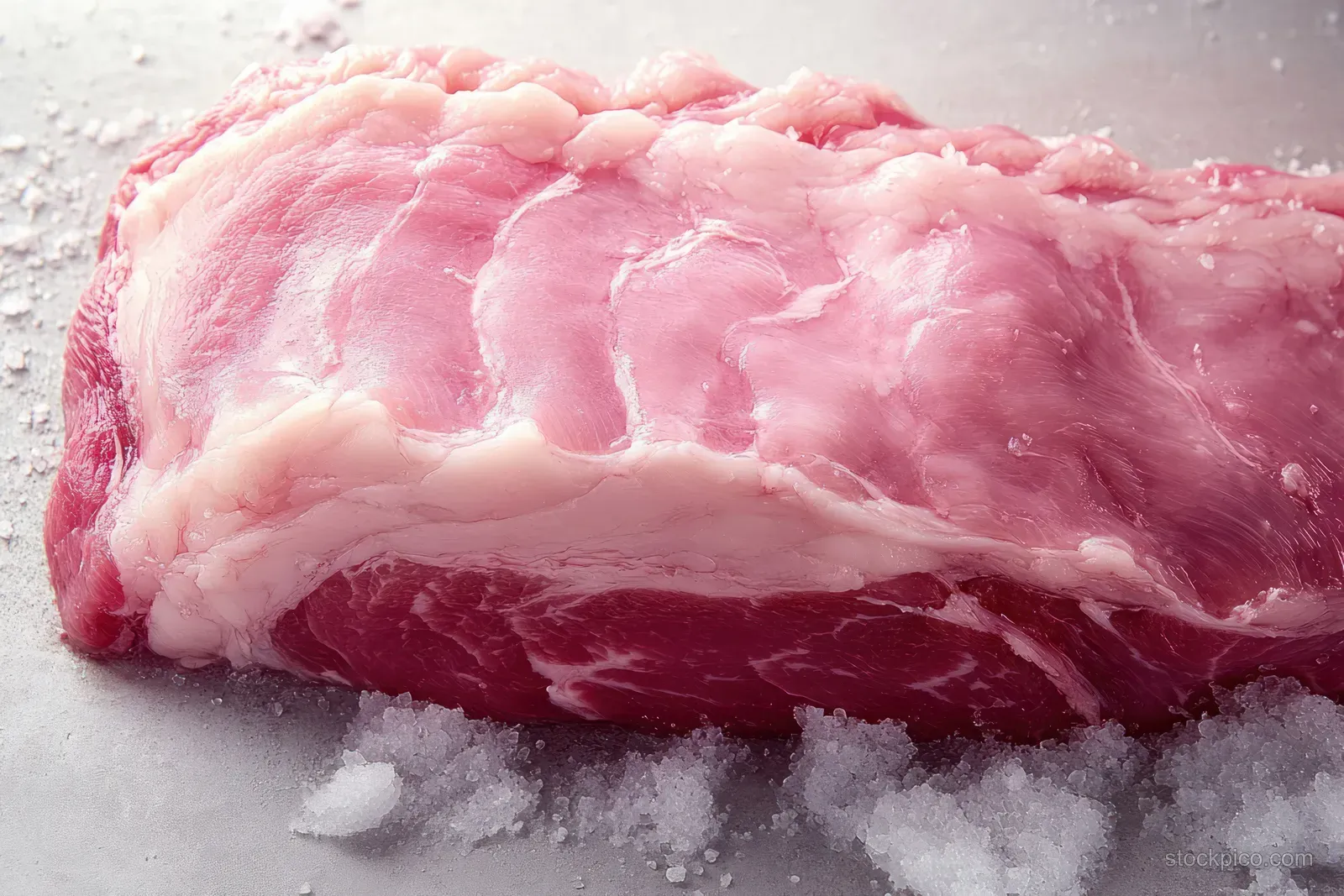 Raw pork roast with visible marbling resting on coarse salt crust in a kitchen prep setting.